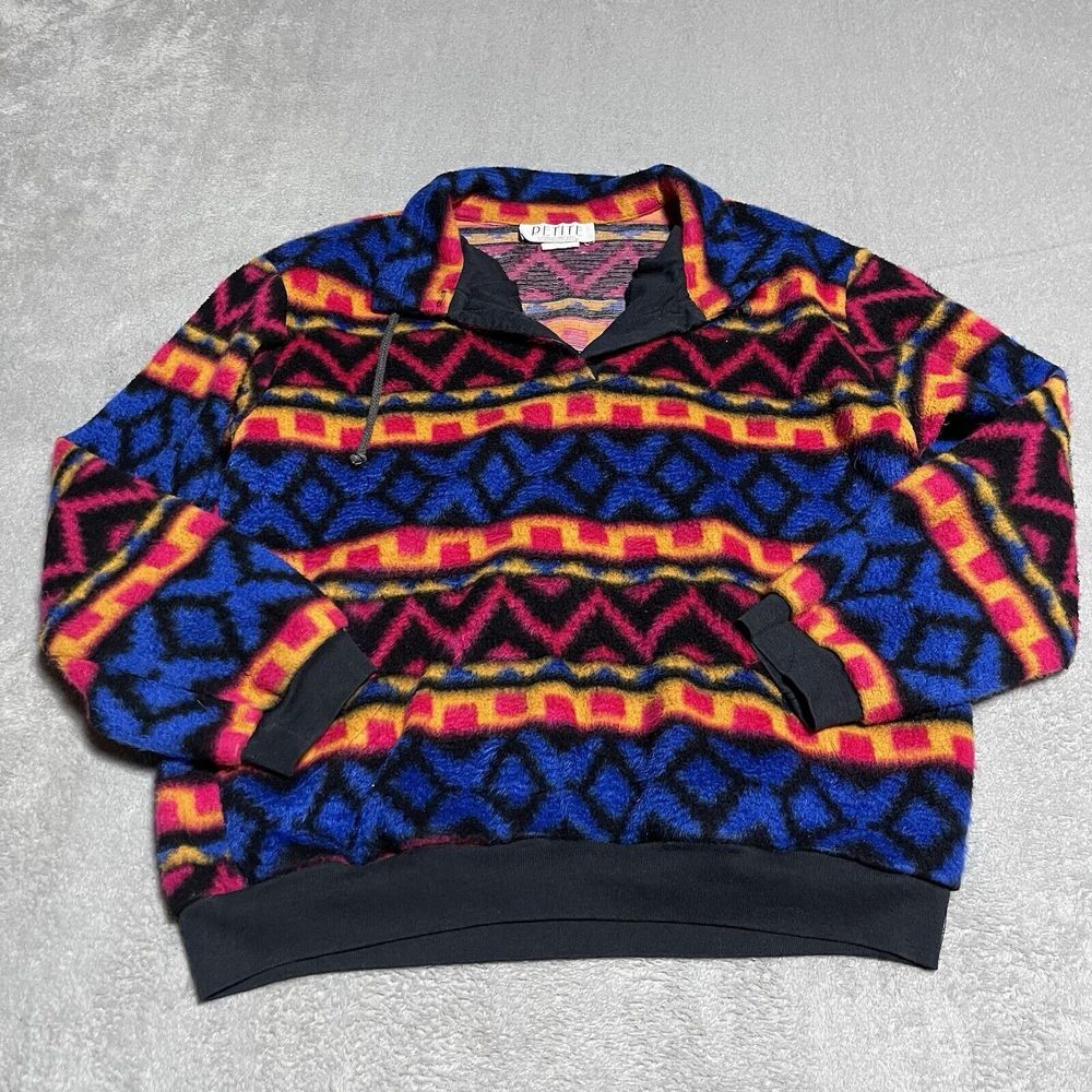 Vintage Fleece Jacket Womens Petite Medium Navajo Aztec‎ Geometric Southwestern